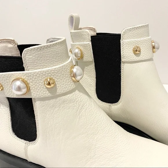 KARL LAGERFELD Pola Leather Off White Pearl Stud Ankle Strap Chelsea Booties NWT - Picture 4 of 16